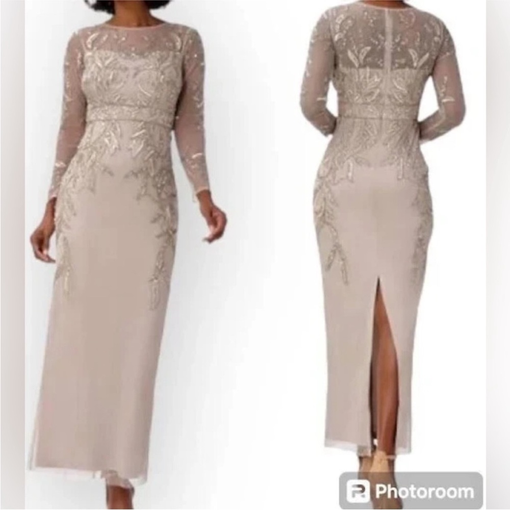 ADRIANNA PAPELL gray maxi evening gown with silver beading embellished Size 4